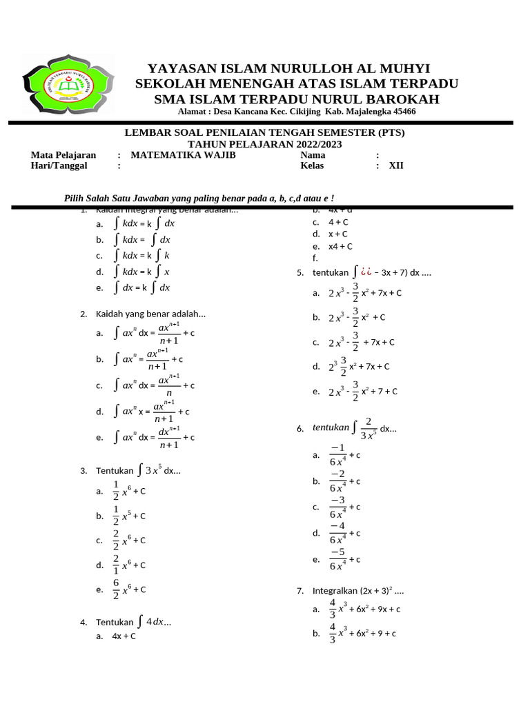 Soal Uts SMT 1 MTK Kls 12 Jadi | PDF