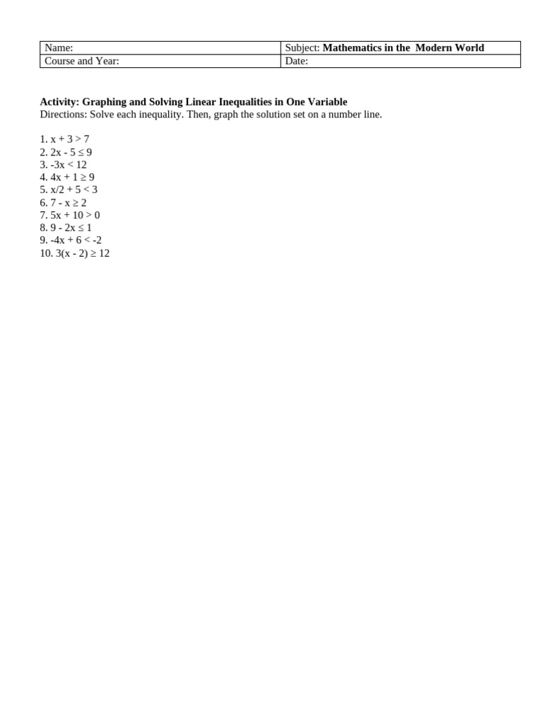 Linear Inequality in One Variable Act | PDF