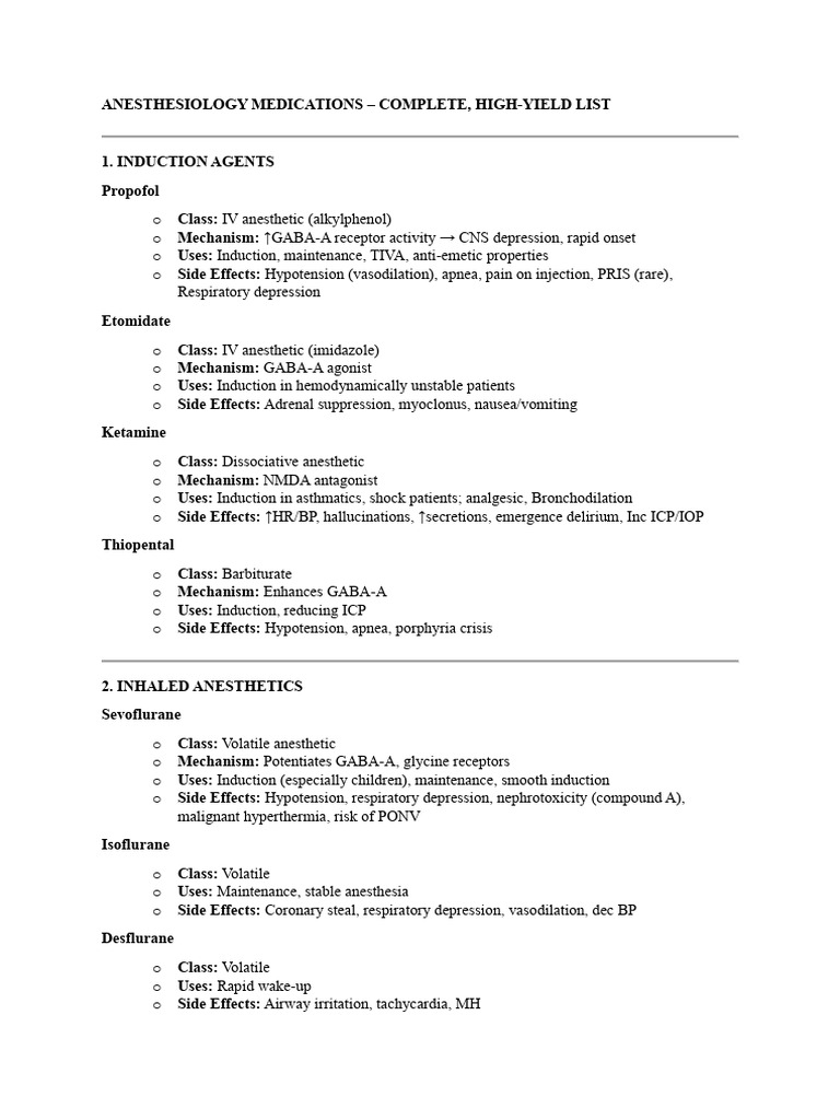 High-Yield Anesthesiology Medications List | PDF | Pharmacology ...