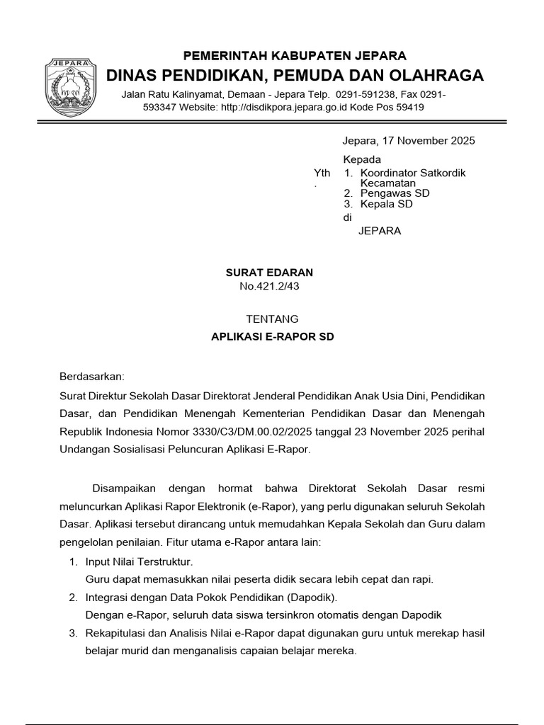 Surat Edaran Aplikasi E-Rapor SD | PDF