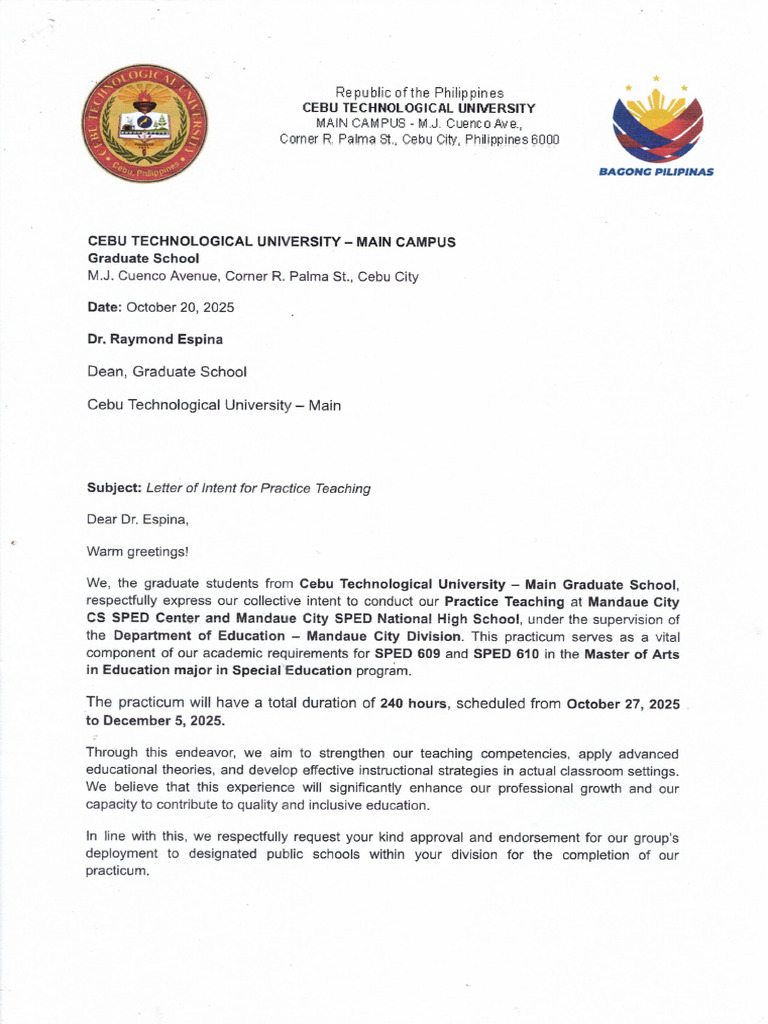 Ctu Letter of Intent Practicum | PDF