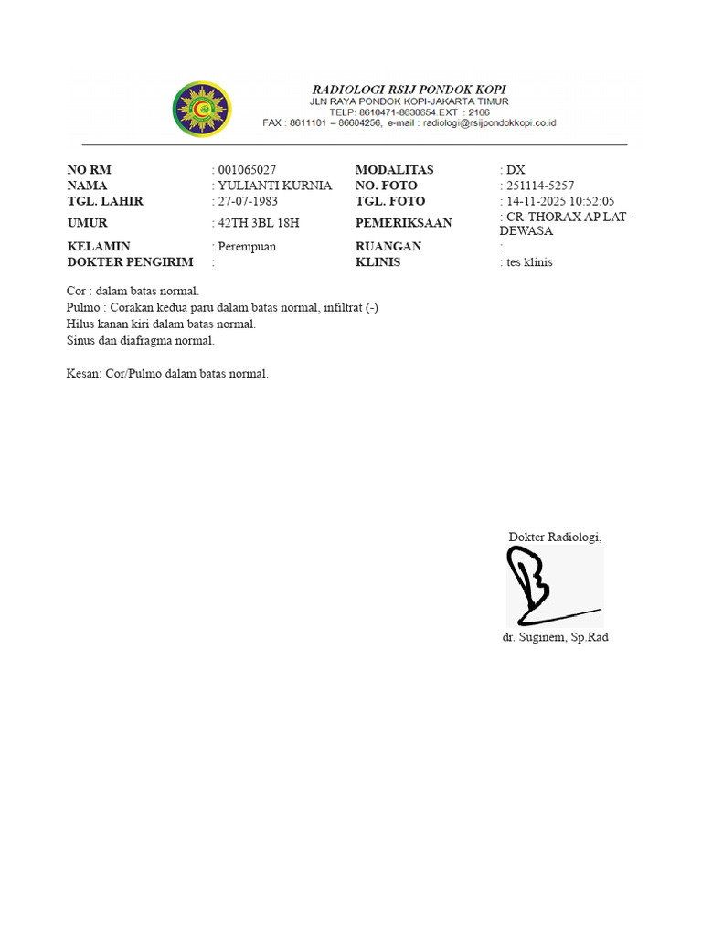 Hasil Foto Rontgen Thorax Normal | PDF