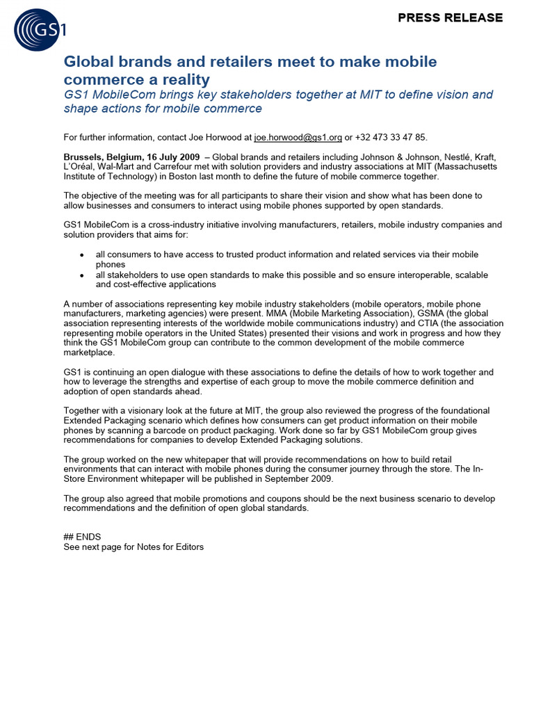 Gs1 PR 160709 Mobilecom Boston | PDF | Service Industries
