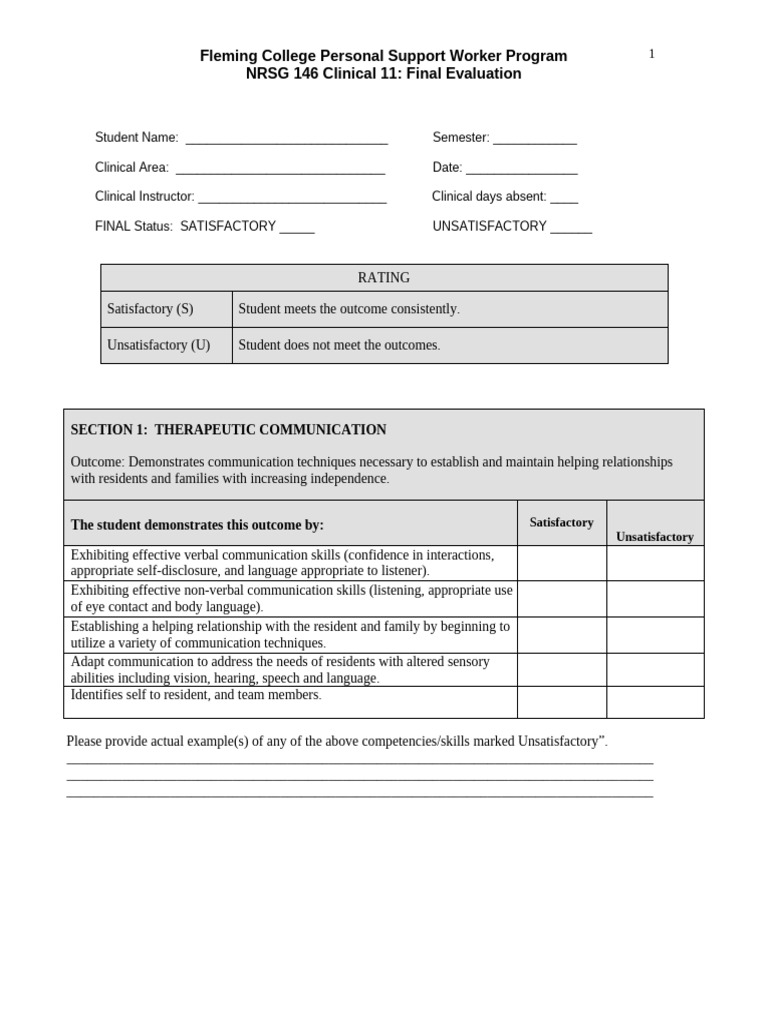 Fleming College PSW Clinical Evaluation Form | PDF | Communication | Safety