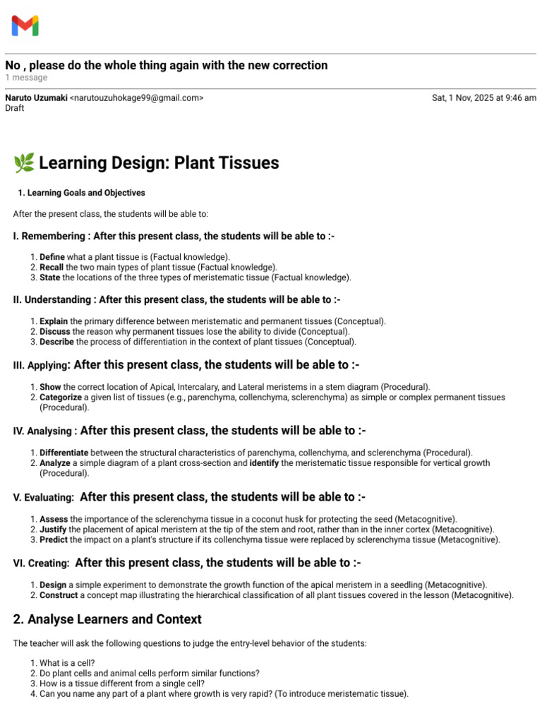 Plant Tissue Learning Objectives Guide | PDF