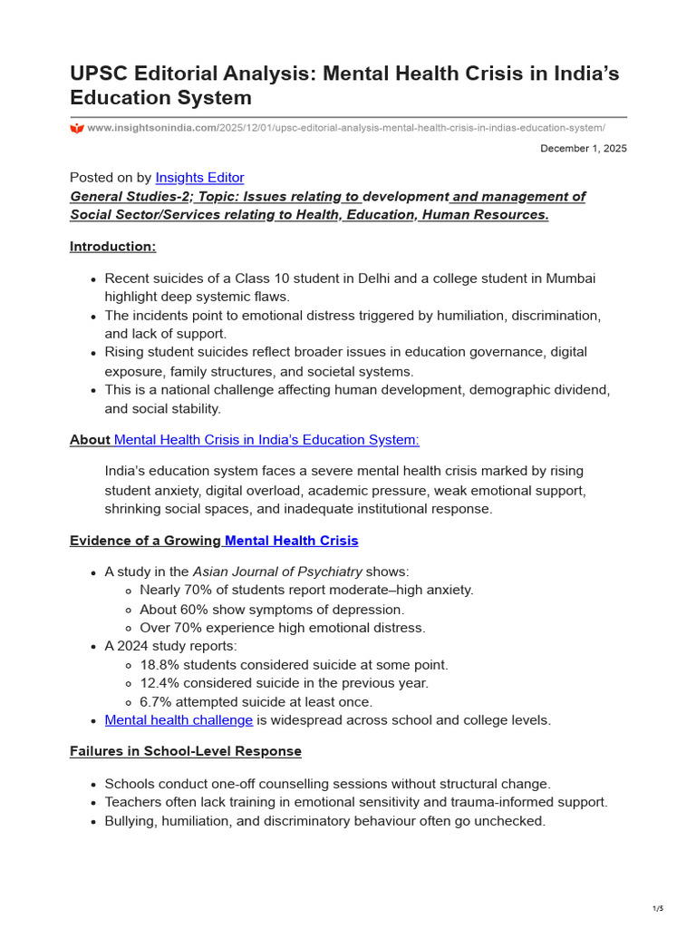 Mental Health Crisis in India's Education | PDF | Mental Health | Teachers