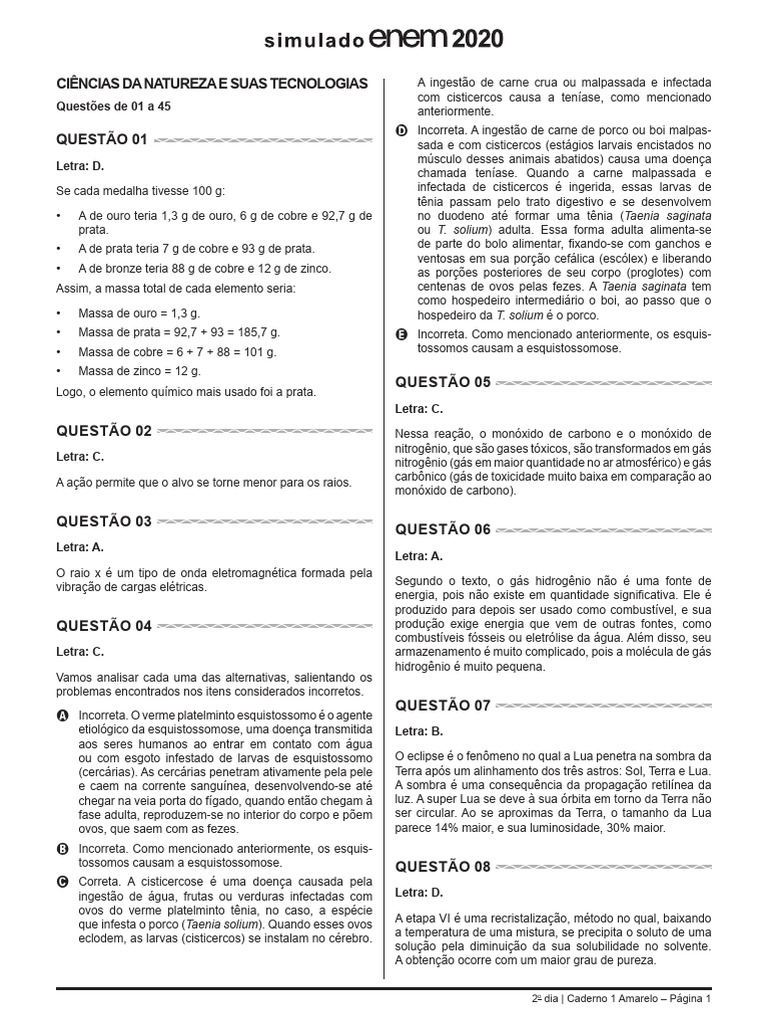 Questões de Ciências da Natureza - Caderno Amarelo | PDF | Telômero | DNA