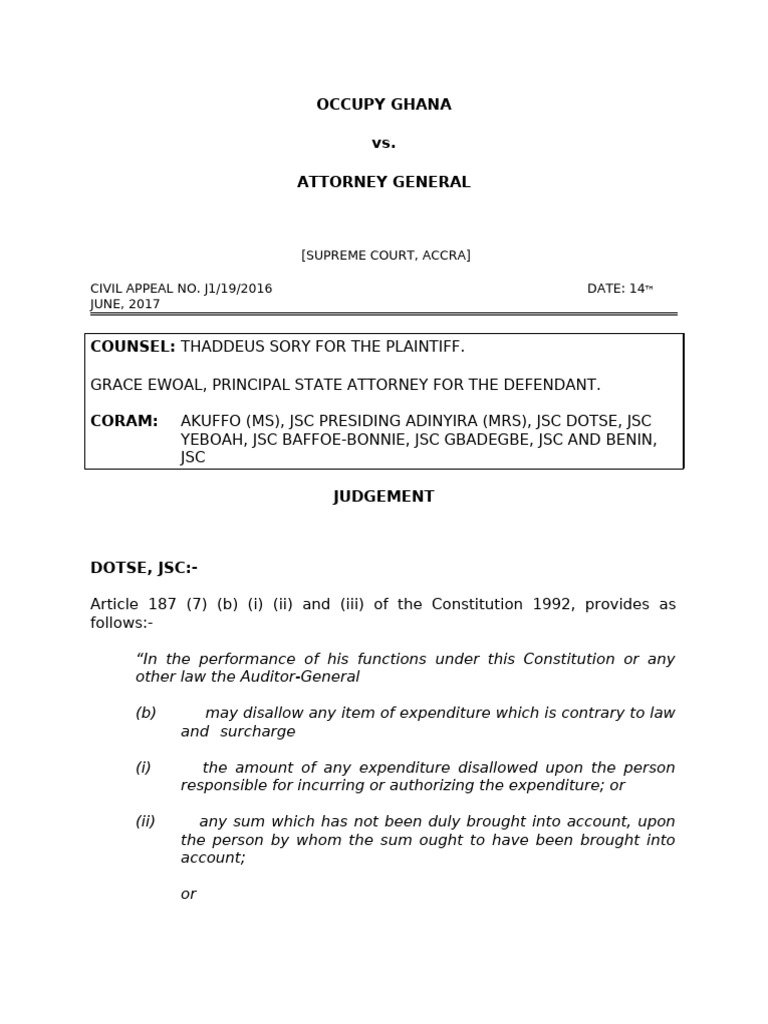 Occupy Ghana vs Attorney General Case Summary | PDF | Jurisdiction | Audit