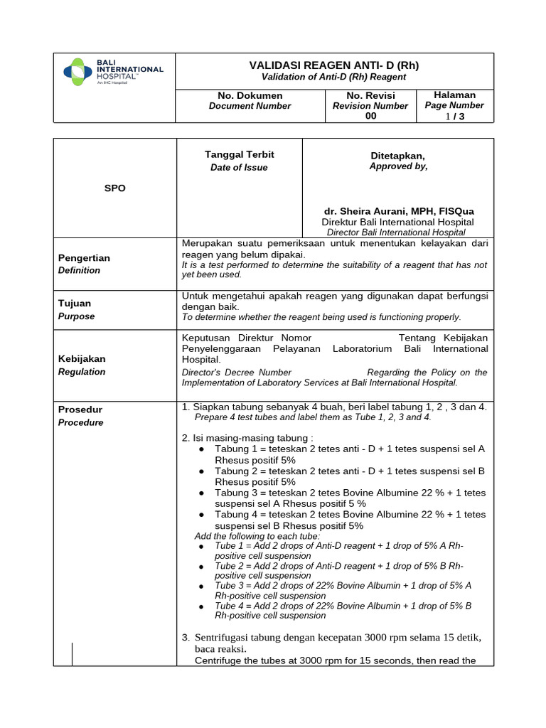 Validasi Reagen Anti-D (Rh) Laboratorium | PDF