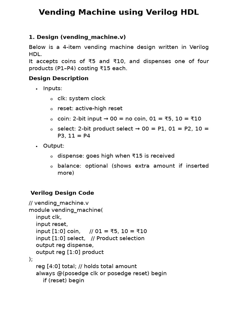 Vending Machine Using Verilog HDL | PDF | Vending Machine | Electronic ...
