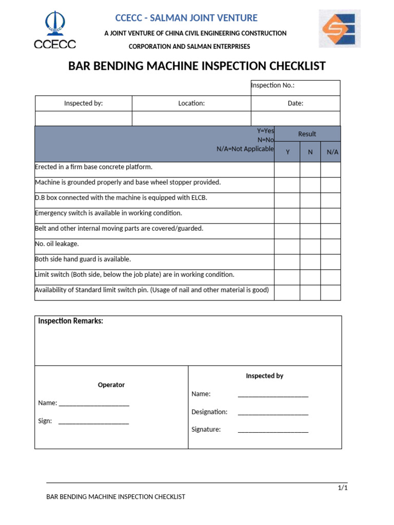 Bar Bending Machine Inspection Checklist | PDF