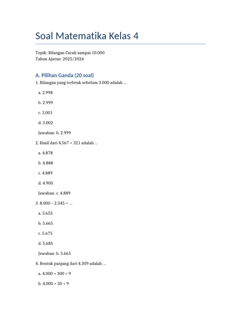 Soal Matematika Kelas 4: Bilangan Cacah | PDF