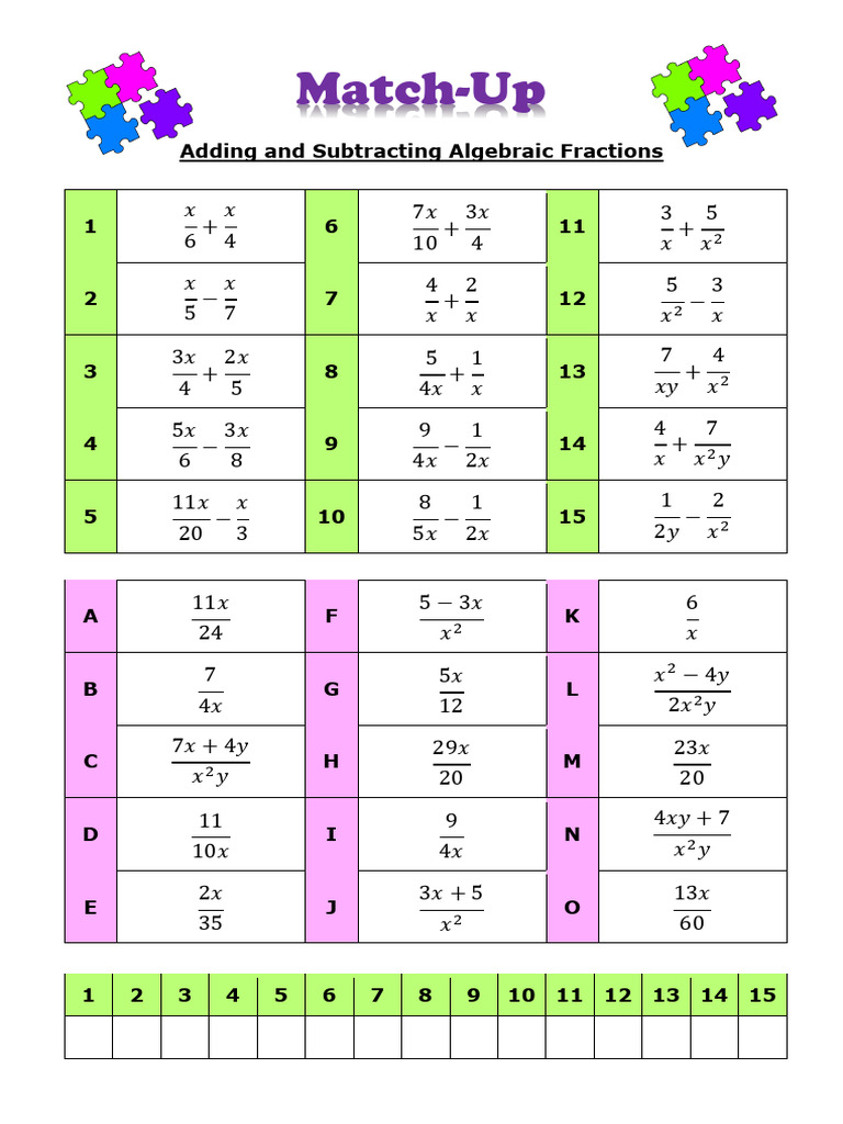 Adding and Subtracting Algebraic Fractions Match-Up | PDF