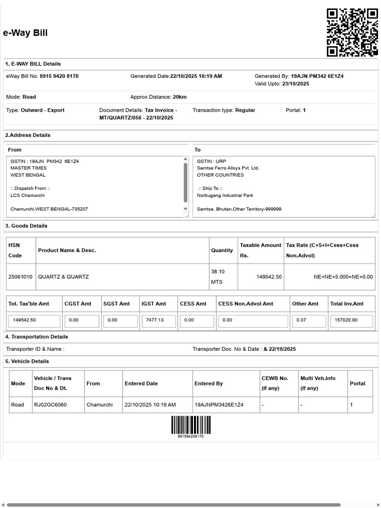 E-Way Bill Details for Export Shipment | PDF | Taxes | Government Finances