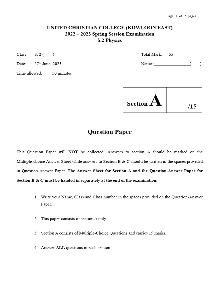 2223 Phys S2 SS Exam a Question | PDF | Weight | Force