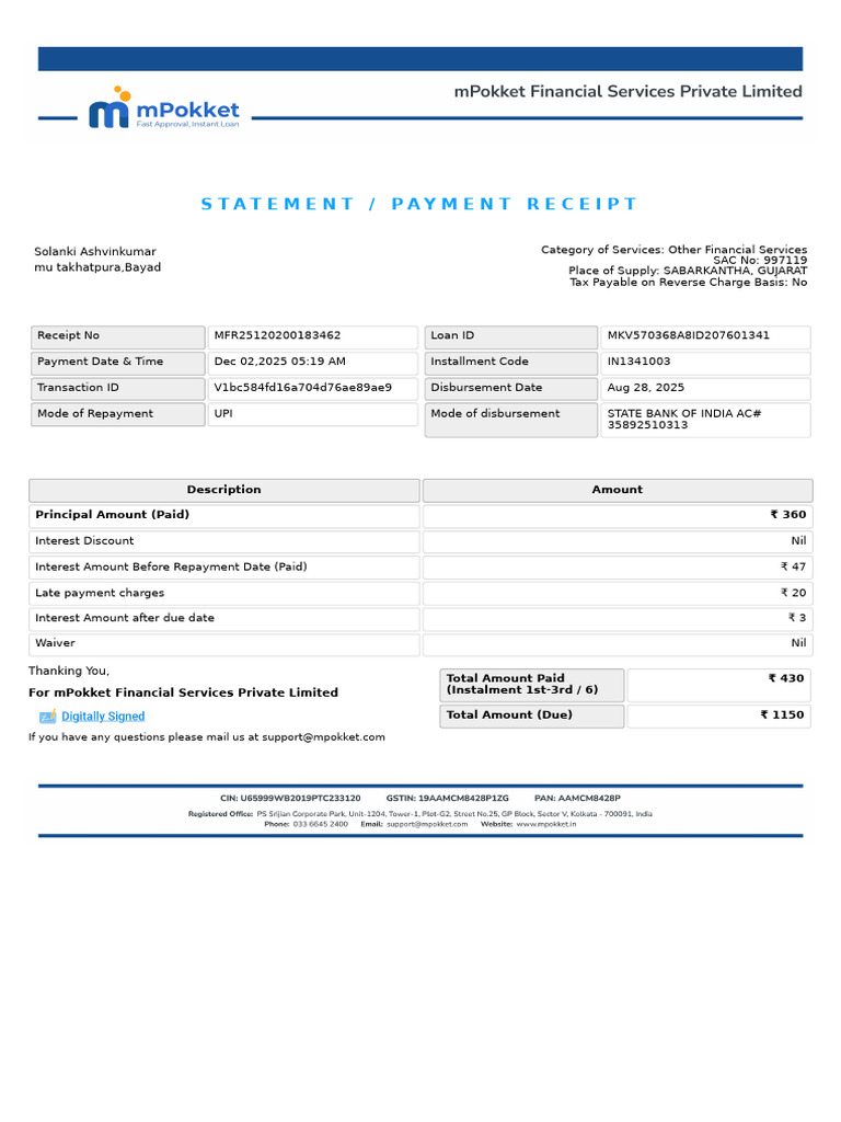 Quickpay Receipt MKV570368A8ID207601341 1st-3rd | PDF
