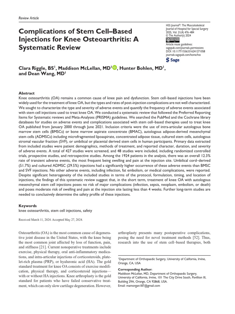 Stem Cell Injection Risks for Knee OA | PDF | Stem Cell | Mesenchymal ...