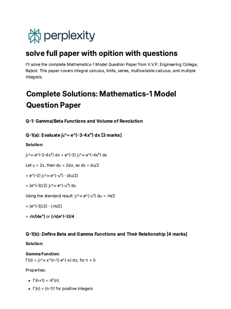 Mathematics-1 Model Solutions Guide | PDF | Integral | Complex Analysis