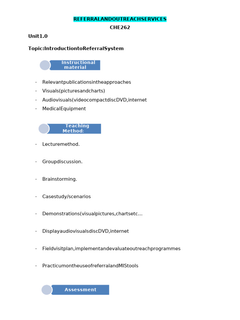 Che 262 Referral System and Outreach Services-1-2 2 | PDF | Medicine ...