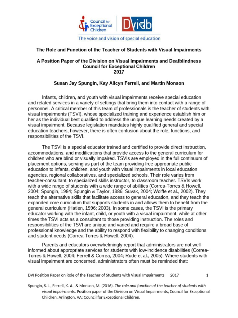 The Role and Function of The Teacher of Students With Visual ...