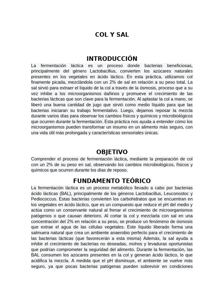 Fermentación Láctica de Col con Sal | PDF | Fermentación | Las bacterias