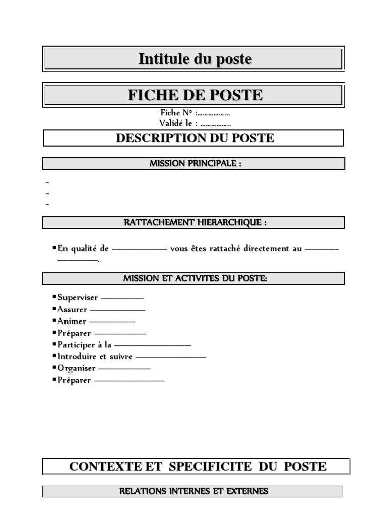 Modele Fiche de Poste Modele Fiche de Poste
