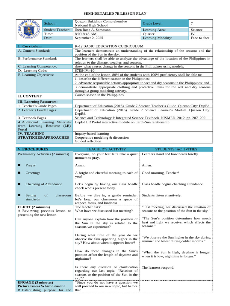 7E Science Lesson Plan on Philippine Seasons | PDF | Equator | Wet Season