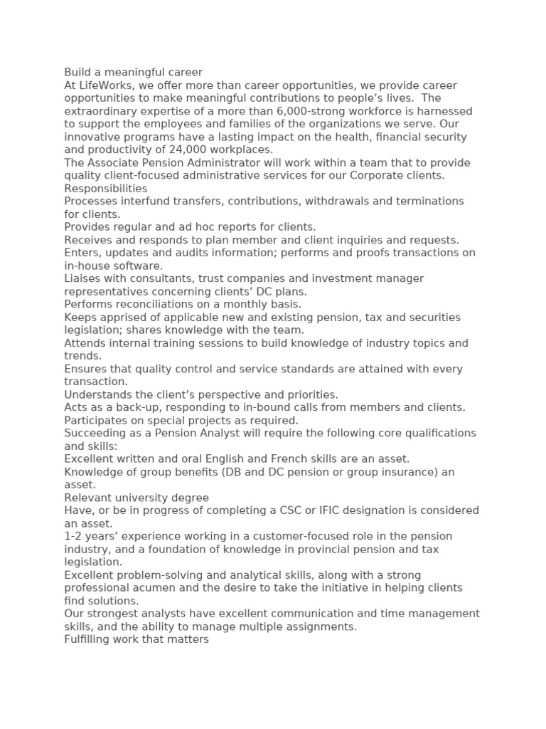 LifeWorks Job Description | PDF | Pension | Business