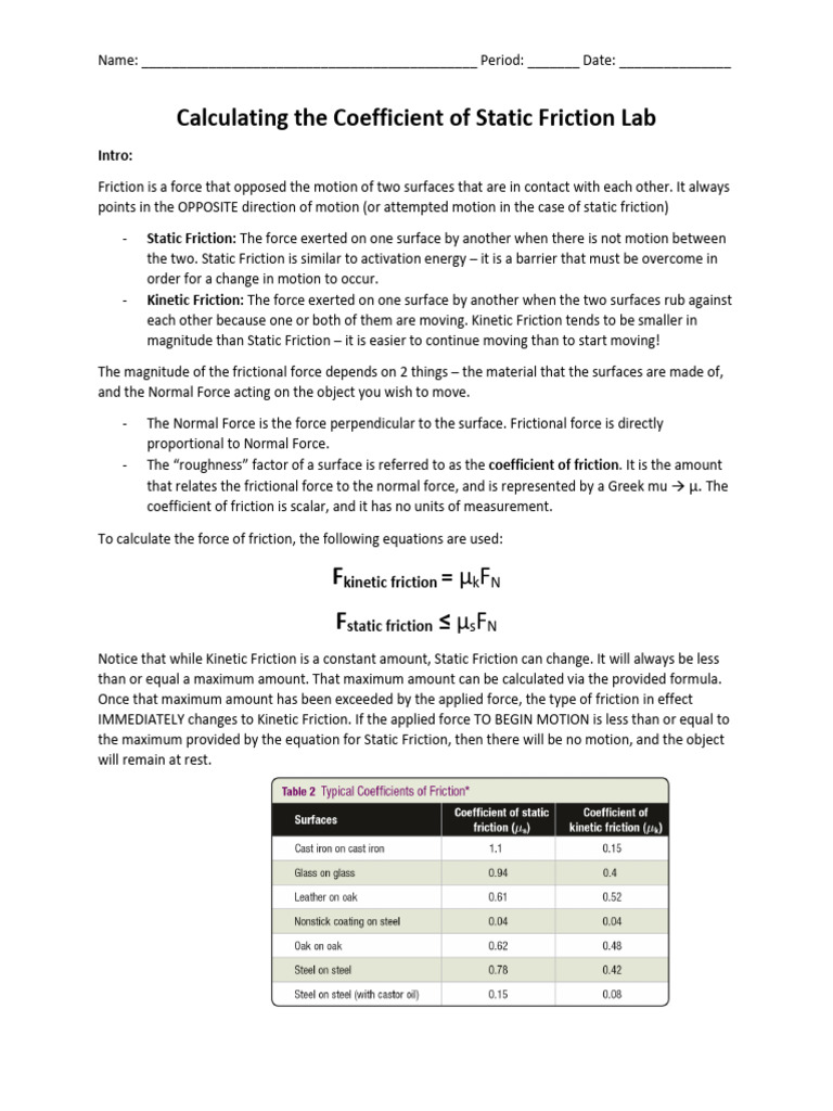 Coefficient of Static Friction Lab Guide | PDF | Friction | Force