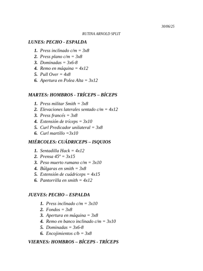 Rutina de Entrenamiento Arnold Split | PDF
