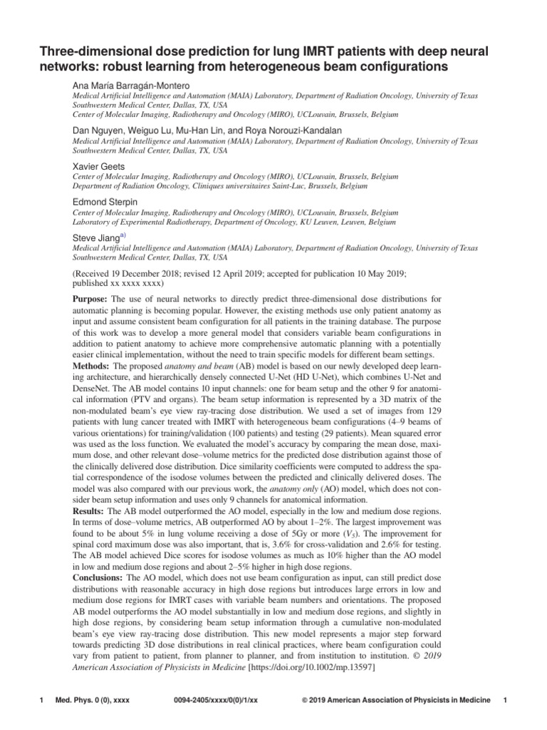 Three-Dimensional Dose Prediction For Lung IMRT Patients With Deep ...