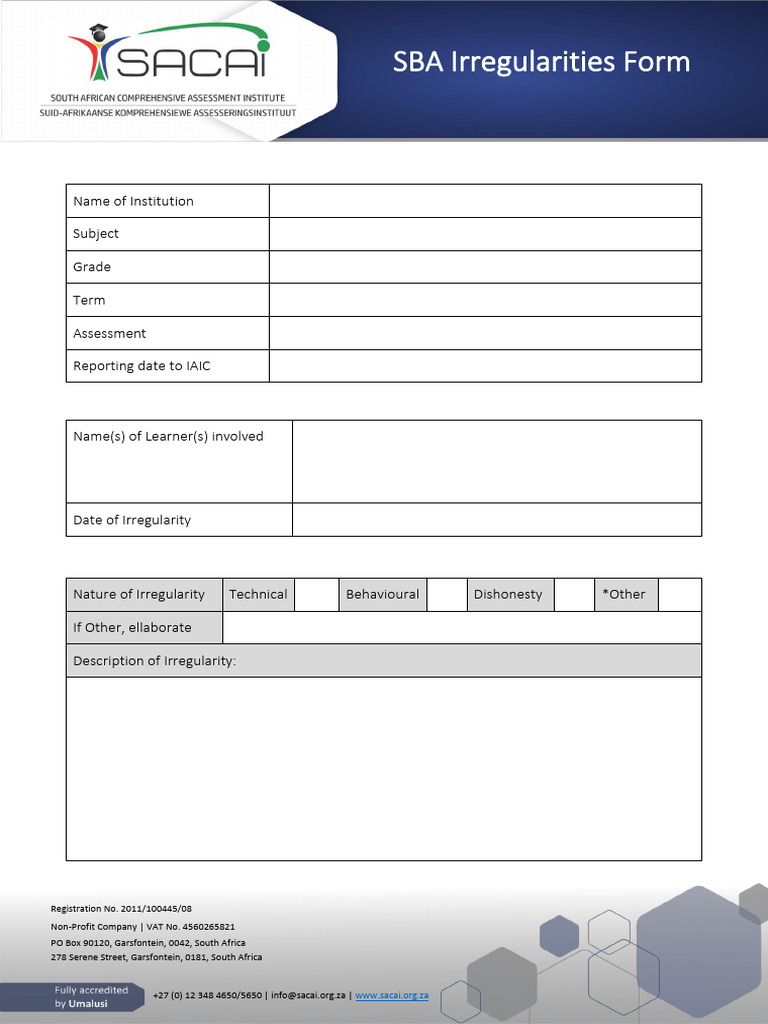 SBA Irregularities Reporting Form | PDF