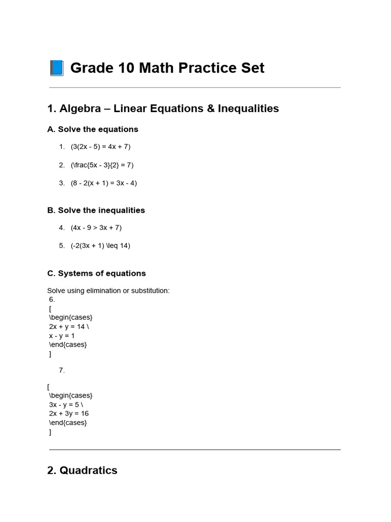 Grade 10 Math Practice Problems | PDF