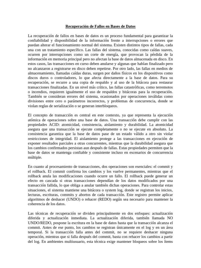 Recuperación de Fallos en Bases de Datos | PDF | Bases de datos ...