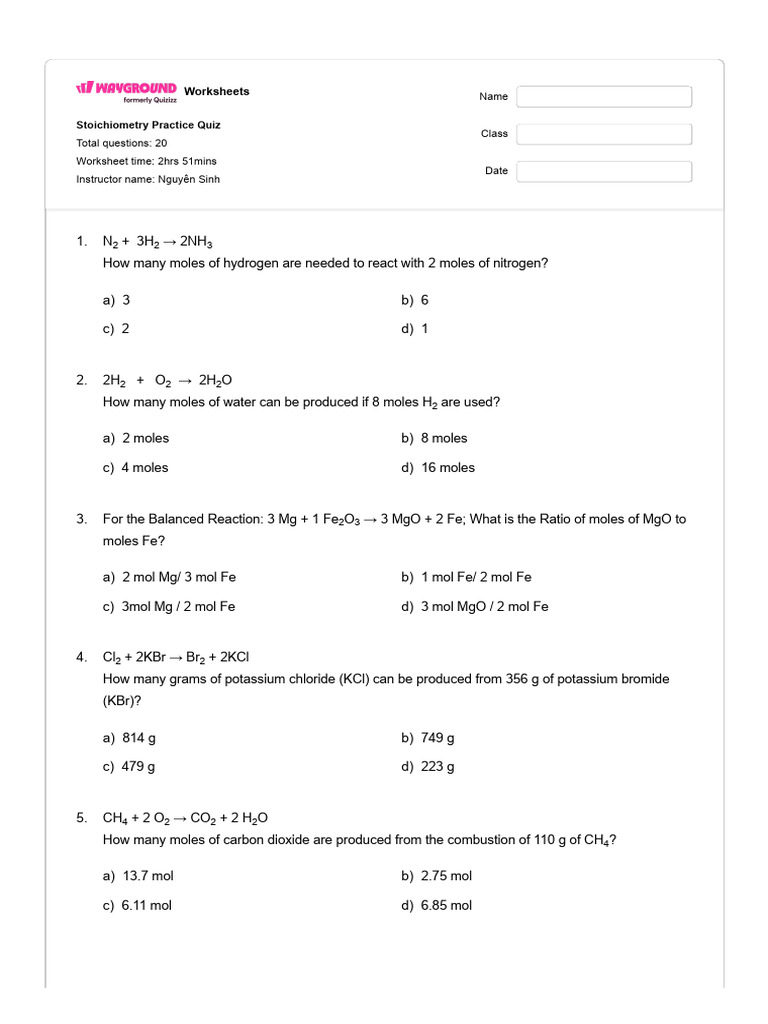 Stoichiometry Practice Quiz Worksheet | PDF | Mole (Unit) | Stoichiometry