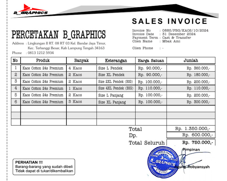 Invoice Penjualan Kaos Cotton Premium | PDF