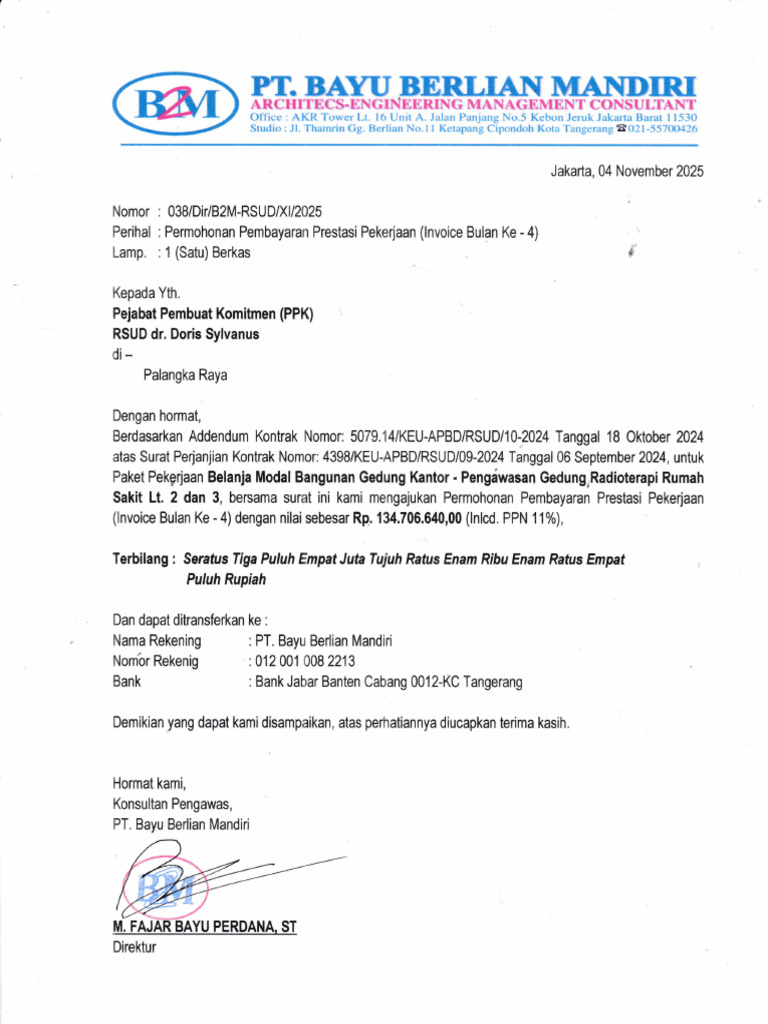 Surat Permohonan Pembayaran Termin Bulan Ke-4 Konwas | PDF