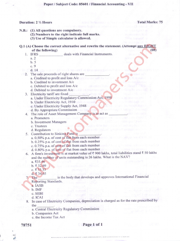 Financial Accounting Exam Paper 85601 | PDF | Financial Accounting ...