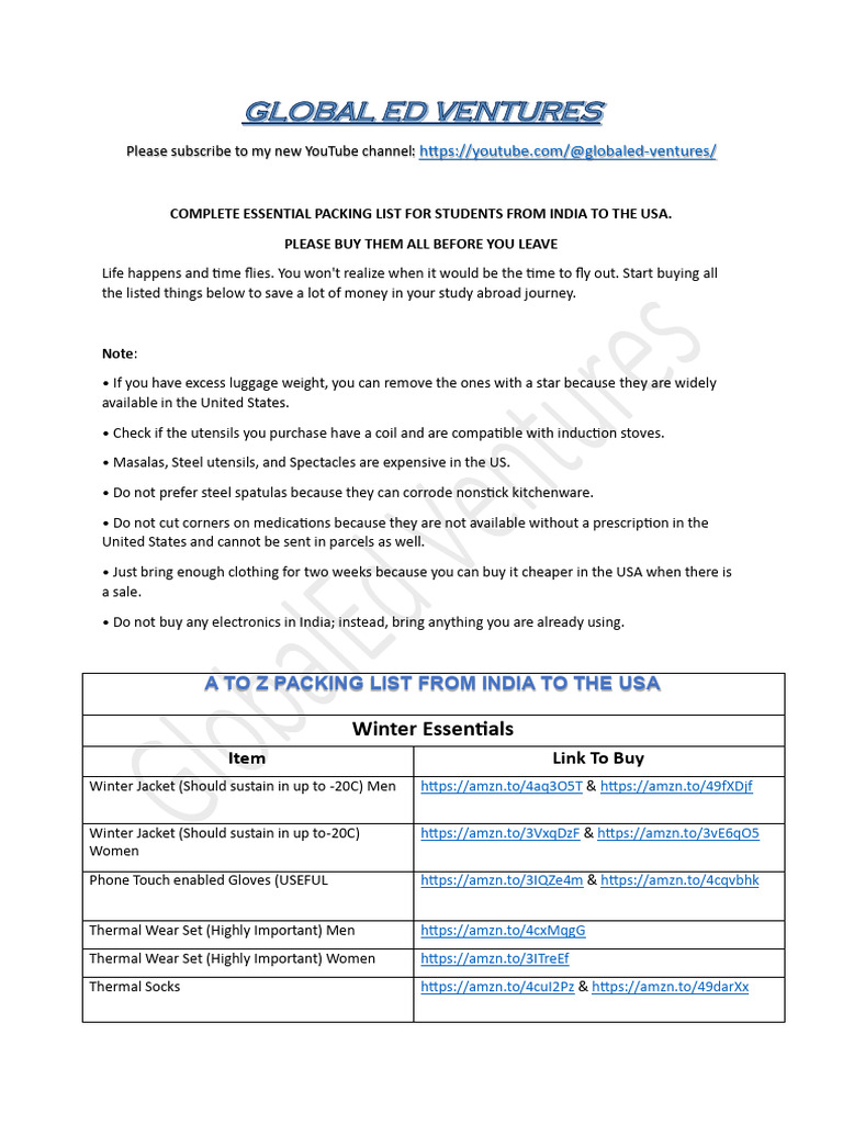 Essential Packing List for Indian Students | PDF