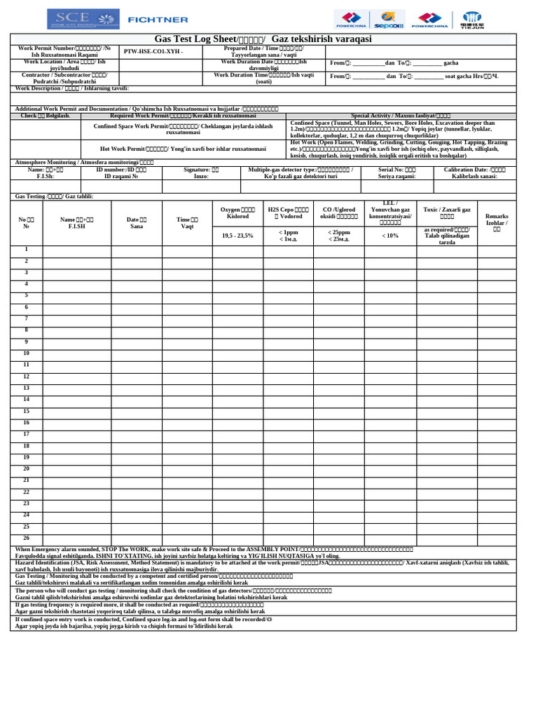 Gas Test Log Sheet for Work Permits | PDF | Industrial Processes | Steel