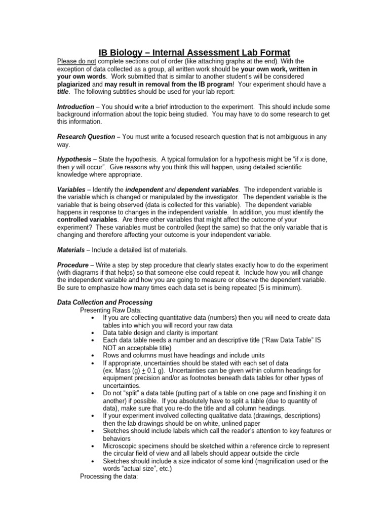 IB Biology Lab Report Guidelines | PDF | Standard Error | Experiment
