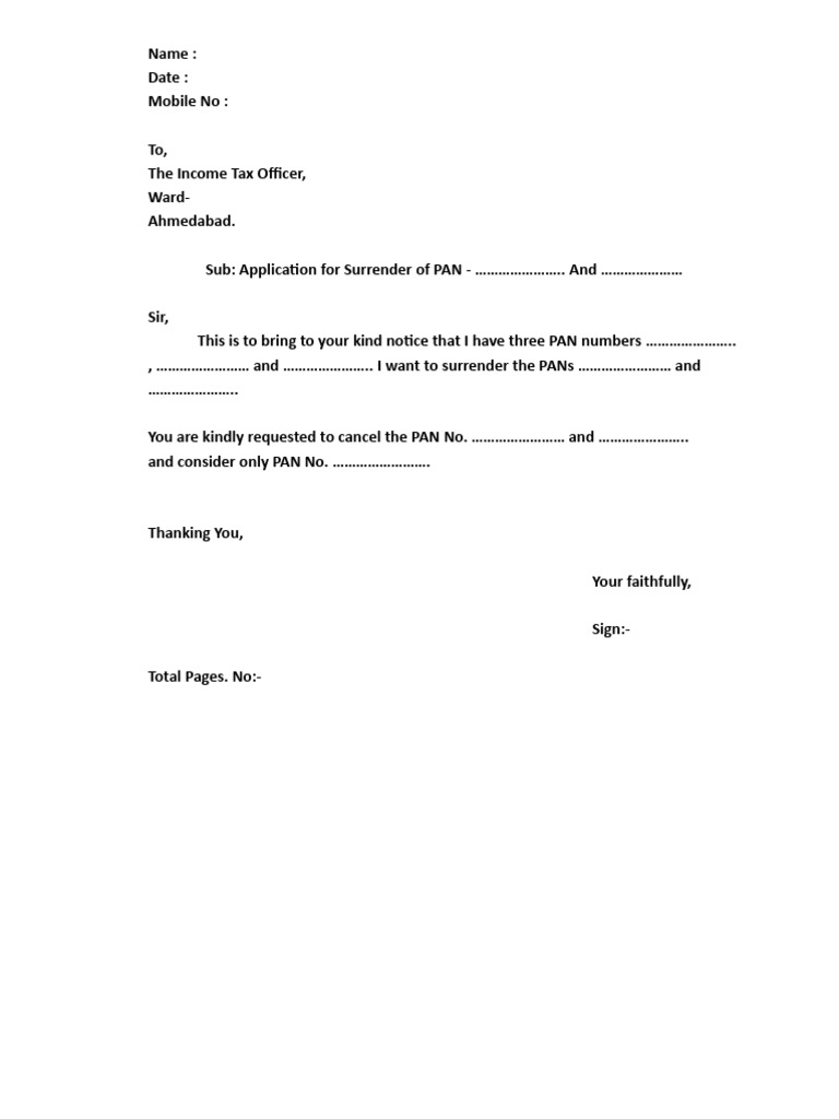 PAN Surrender Application Template | PDF