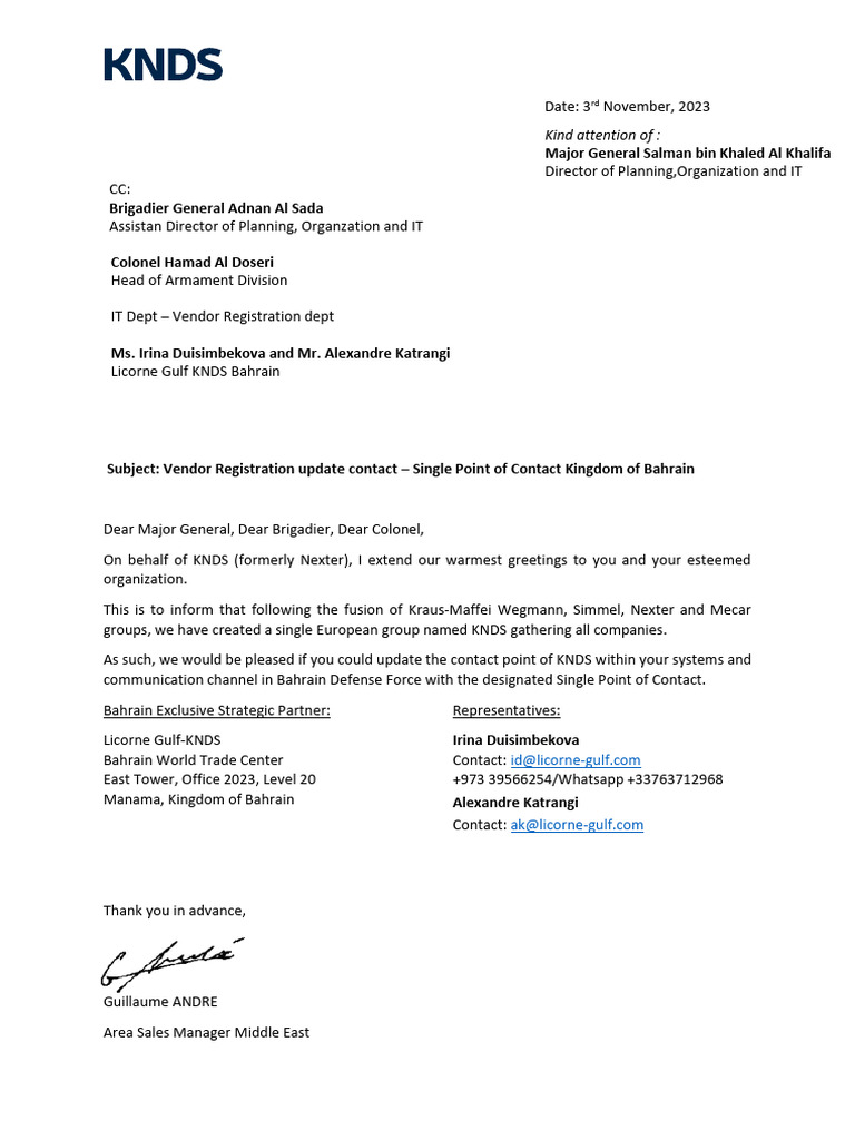 BDF Letter KNDS Licorne Gulf | PDF