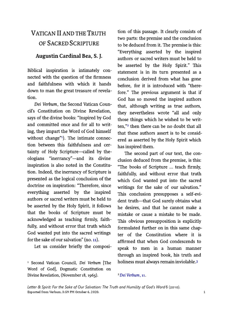 Bea+ +Vatican+II+and+the+Truth+of+Sacred+Scripture | PDF