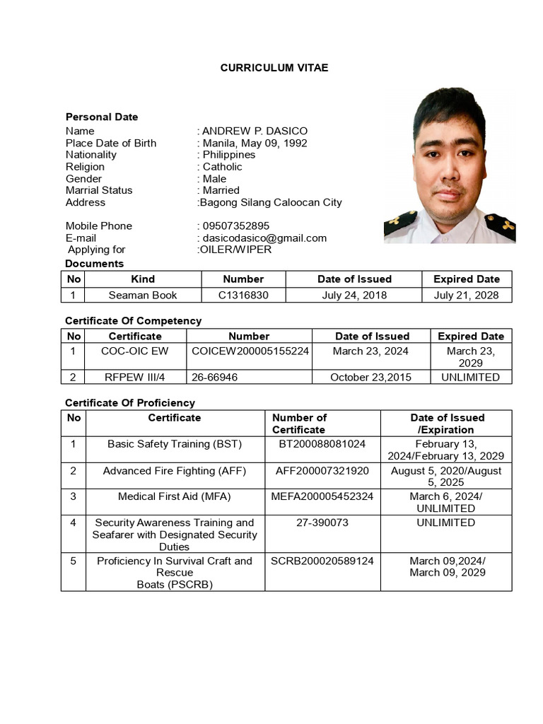 CURRICULUM VITAE Seaman Application Form | PDF | Ships | Water Transport