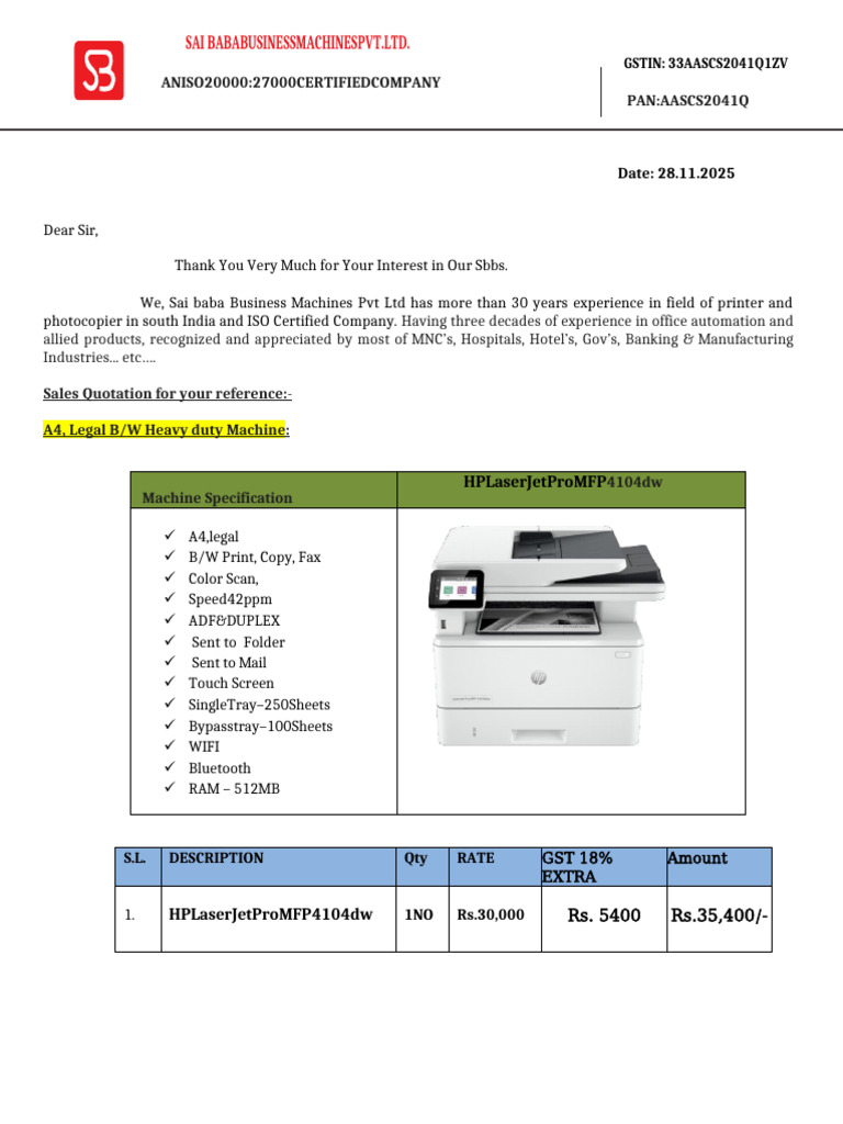 Sales Quotation for HP LaserJet Pro MFP | PDF