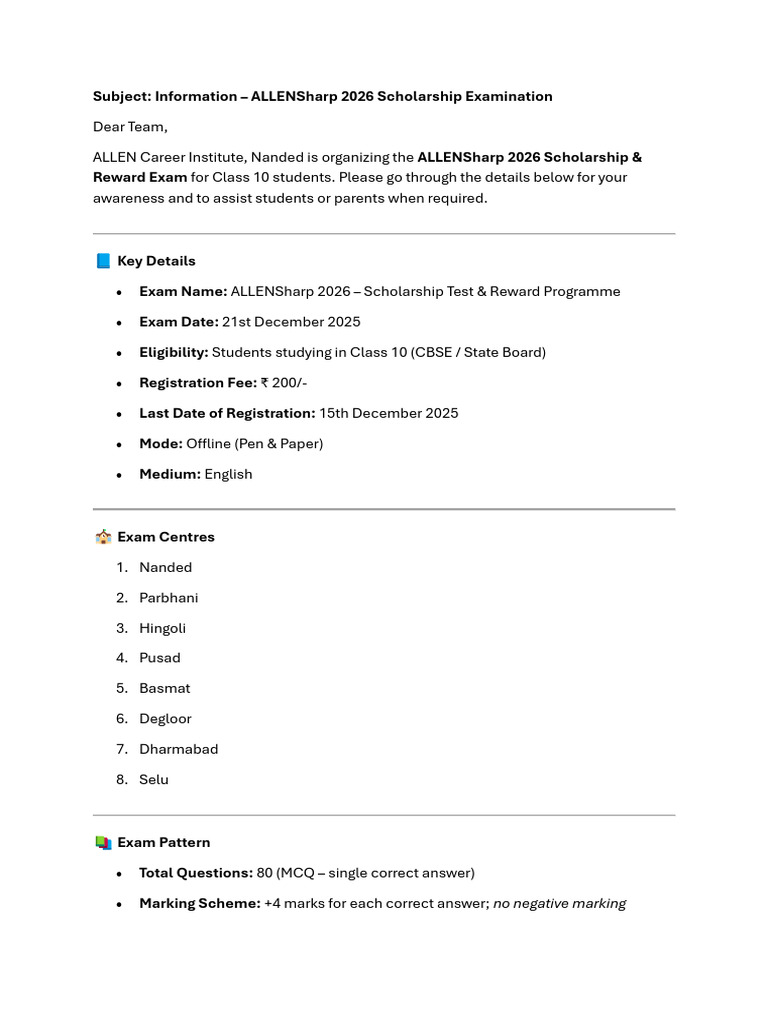 ALLENSharp 2026 Scholarship Exam Details | PDF