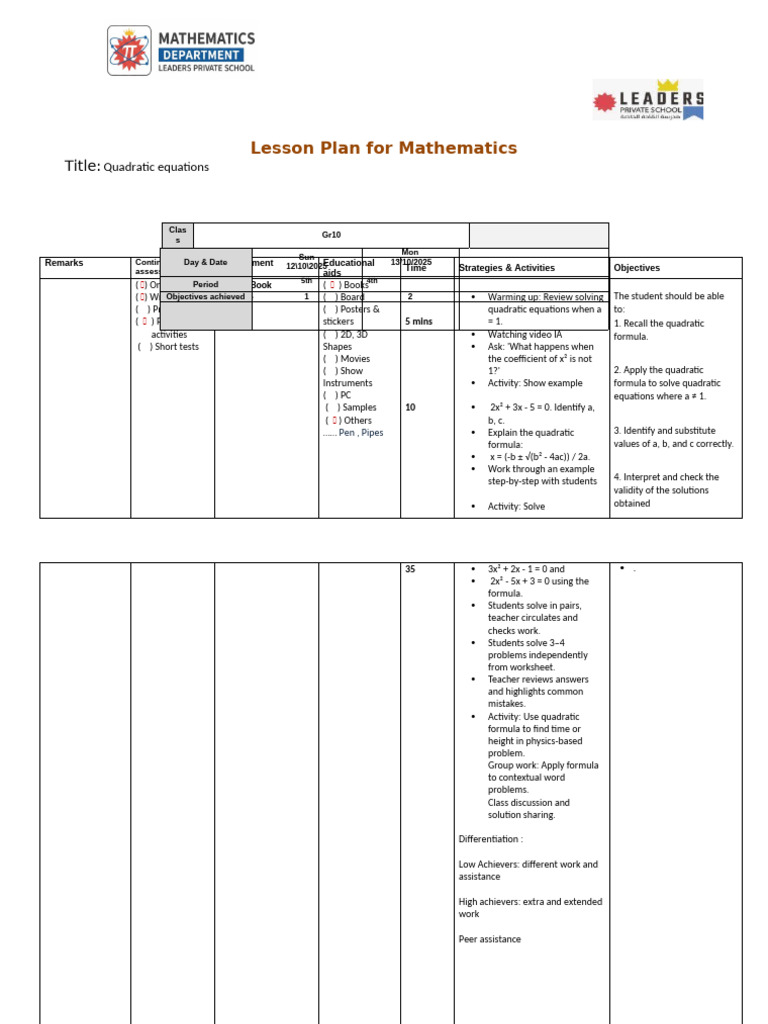 Quadratic & Linear Programming Lesson Plan | PDF | Quadratic Equation ...