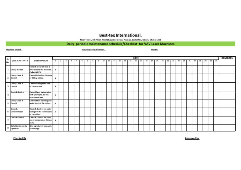 Daily Maintenance Checklist for VAV Lasers | PDF
