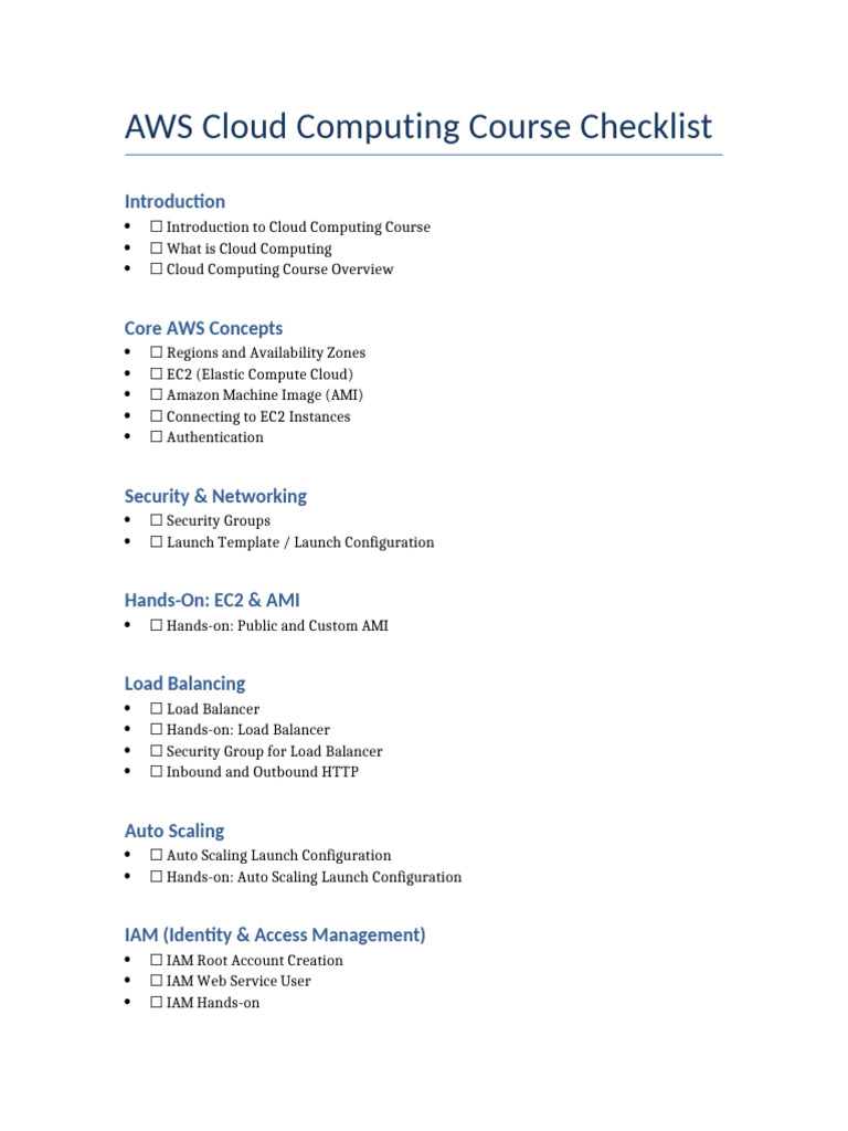 AWS Cloud Computing Course Checklist | PDF